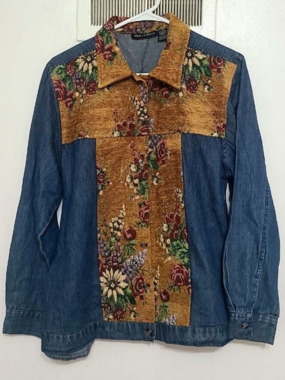 Denim Floral Button‑Up Shirt